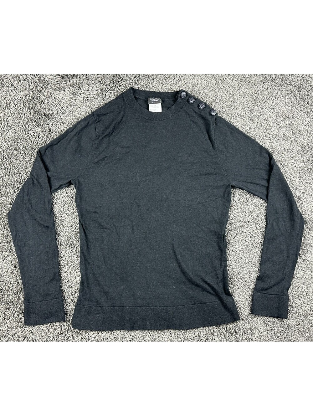 CHANEL Uniform 19P Black Wool Blend Knit Sweater CC Logo Shoulder Buttons Small